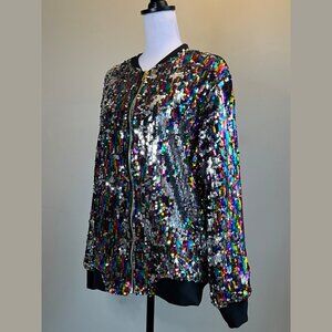 FUN Woman's Colorful Sequin Long Sleeve Zipper Blazer Bomber Jacket